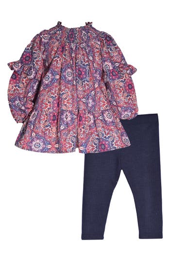 Bonnie Jean Kids' Smocked Chiffon Top & Leggings Set In Navy