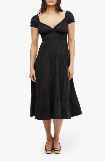 Weworewhat We Wore What Cap Sleeve Tiered Stretch Cotton Midi Dress In Black