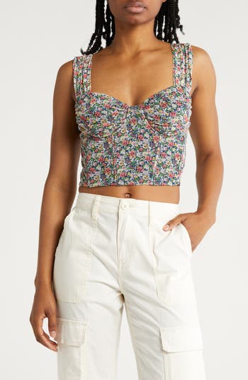 Shop Lulus Perfectly Abloom Corset Top In Navy/pink/yellow