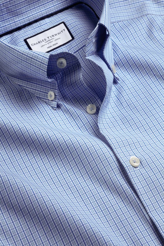Shop Charles Tyrwhitt Check Non-iron Button-down Oxford Slim Fit Shirt Single Cuff In Cornflower Blue