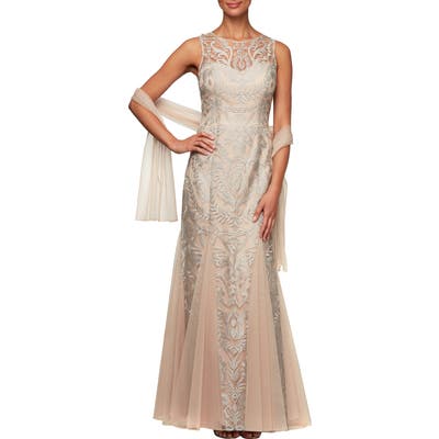 Alex Evenings Embroidered Illusion Mesh Evening Dress With Wrap