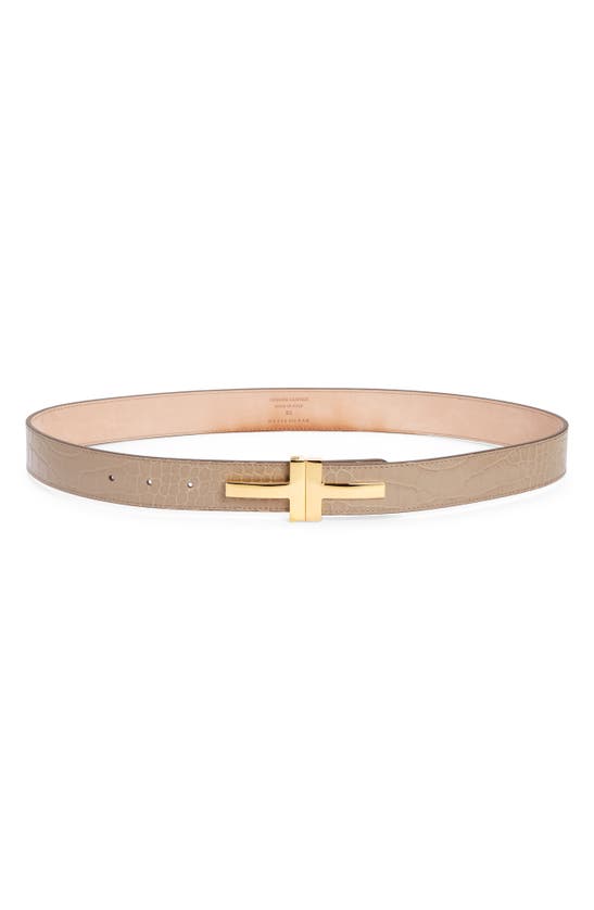 Tom Ford Double T Croc Embossed Calfskin Leather Belt In Warm Taupe