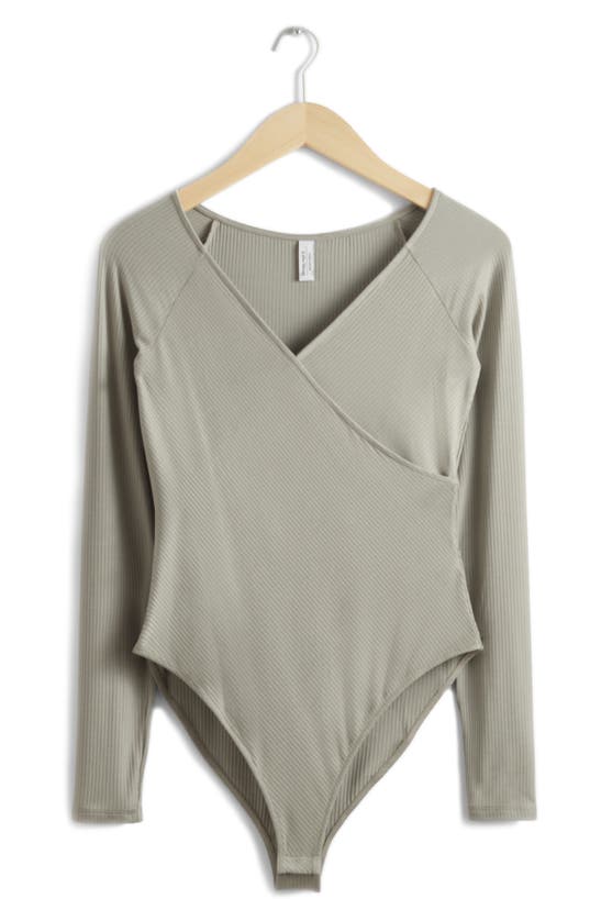 Shop & Other Stories Long Sleeve Rib Bodysuit In Khaki Green Dusty Li