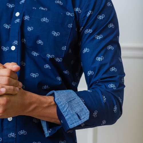 Hope & Henry Organic Stretch Poplin Shirt In Navy Bicycle Print