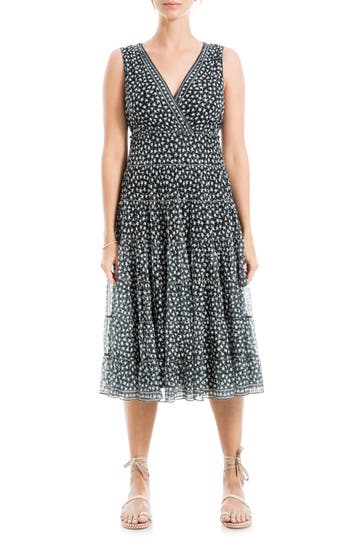 Shop Max Studio V-neck Sleeveless Mesh Midi Dress In Black/cream Clover Disc