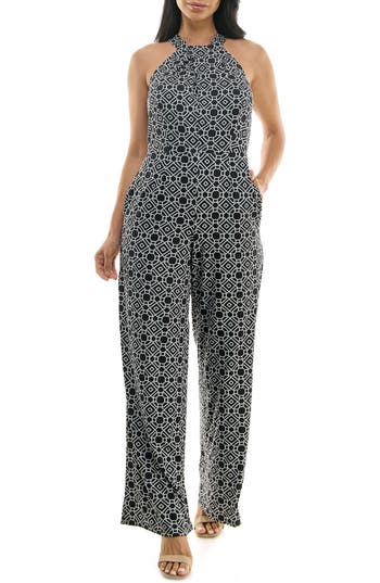 Shop Nina Leonard Twisted Halter Neck Jumpsuit In Black/white