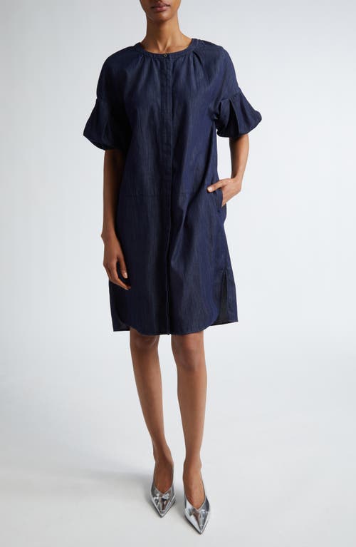 Max Mara Meringa Puff Sleeve Chambray Shift Dress in Navy 
