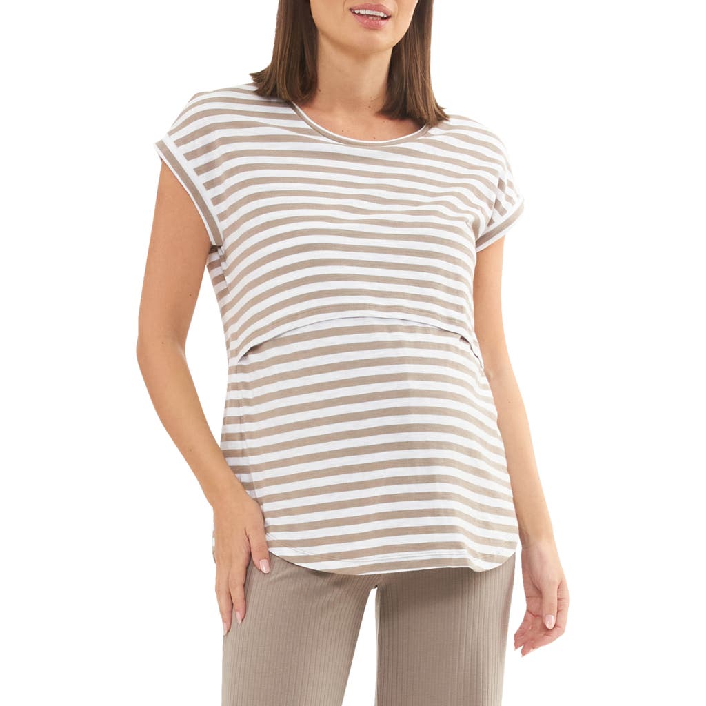 Ripe Maternity Lionel Stripe Nursing/maternity T-shirt In Taupe/white