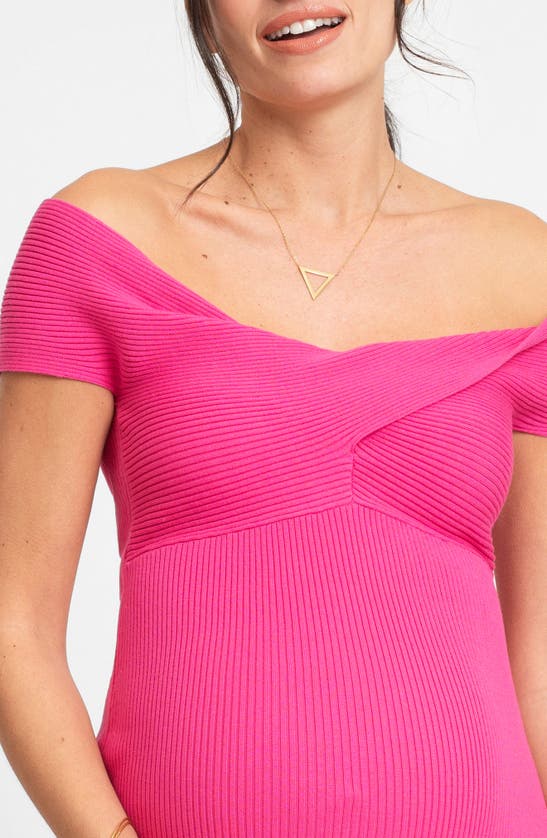 Shop Seraphine Rib Knot Detail Off The Shoulder Midi Maternity Dress In Pink