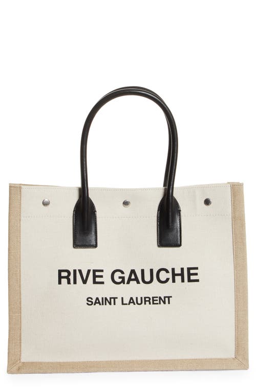 Shop Saint Laurent Rive Gauche Logo Canvas Tote In Greggio/naturale/ner