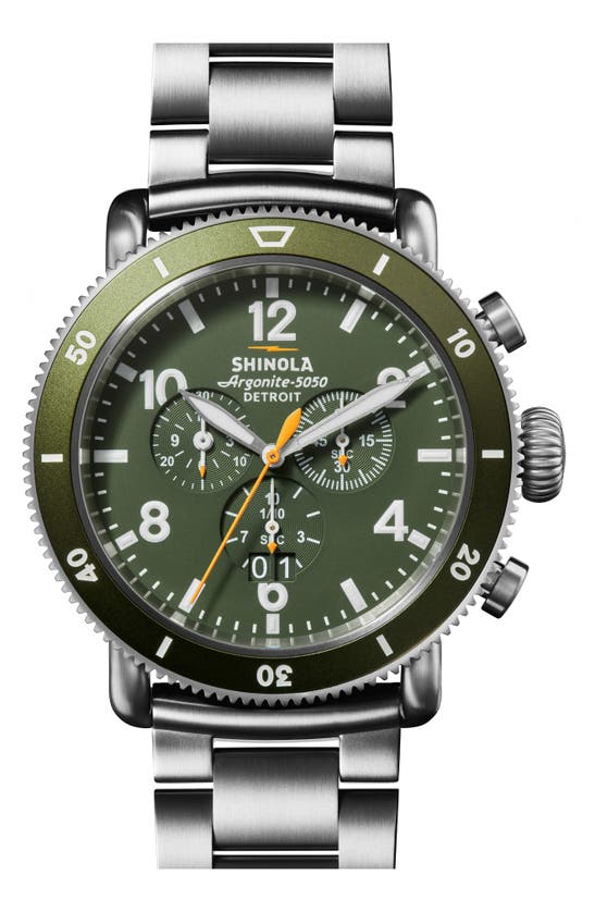 Shop Shinola Runwell Sport Bracelet Chronograph Watch Gift Set, 48mm In Silver/ Dark Olive