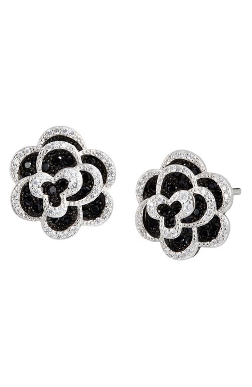 Platinum Plated Sterling Silver CZ Flower Stud Earrings in Black