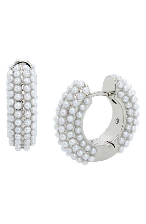AllSaints Imitation Pearl Huggie Hoop Earrings in White/Rhodium at Nordstrom