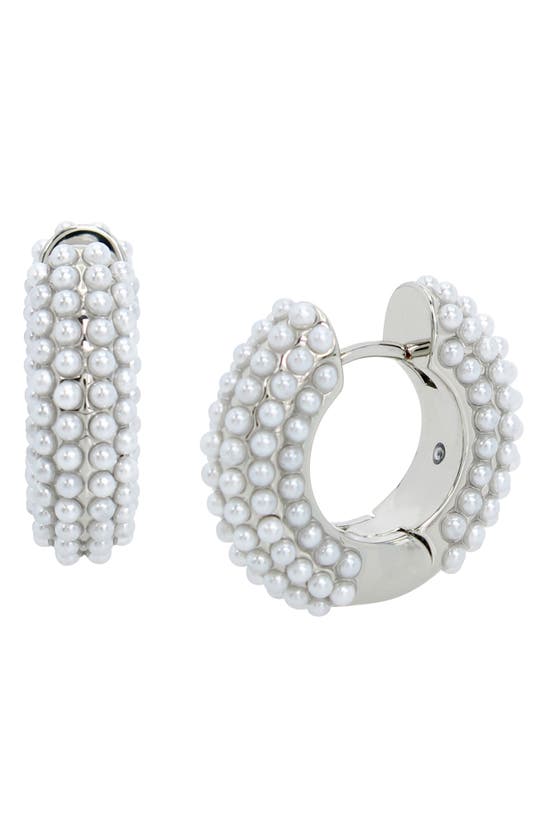 Shop Allsaints Imitation Pearl Huggie Hoop Earrings In White/ Rhodium
