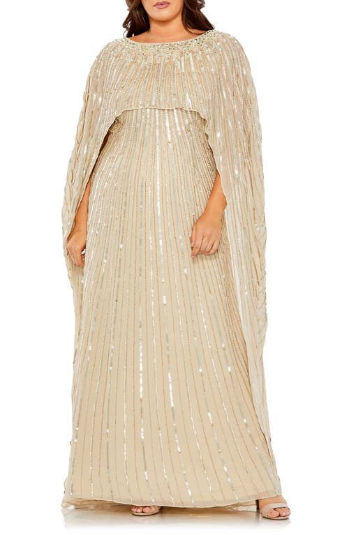 Sequin Long Sleeve Cape Overlay Gown in Champagne