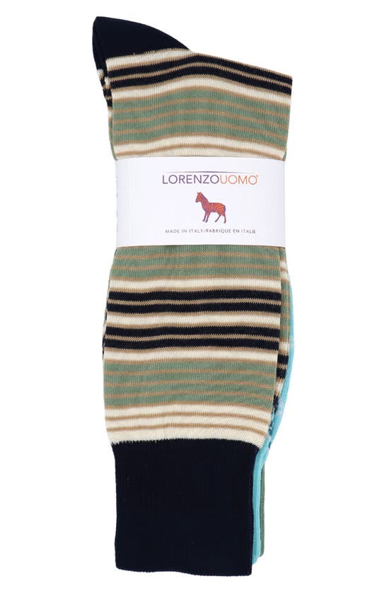 Shop Lorenzo Uomo 3-pack Assorted Stripe Cotton Blend Dress Socks In Sage