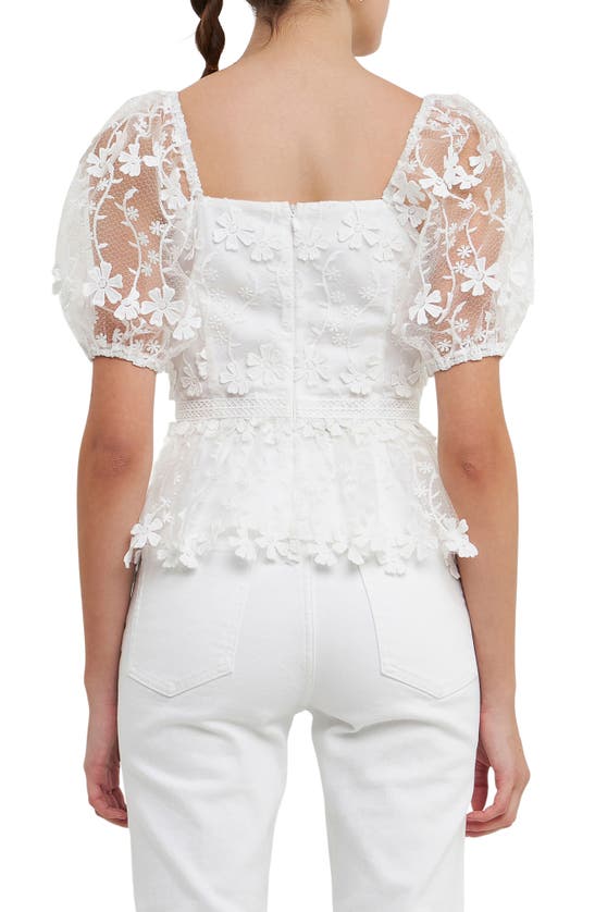 Shop Endless Rose Floral Lace Puff Sleeve Peplum Top In White