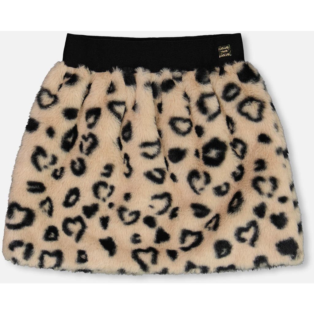 Deux Par Deux Girl's Printed Faux Fur Skirt Leopard In Printed Hearts
