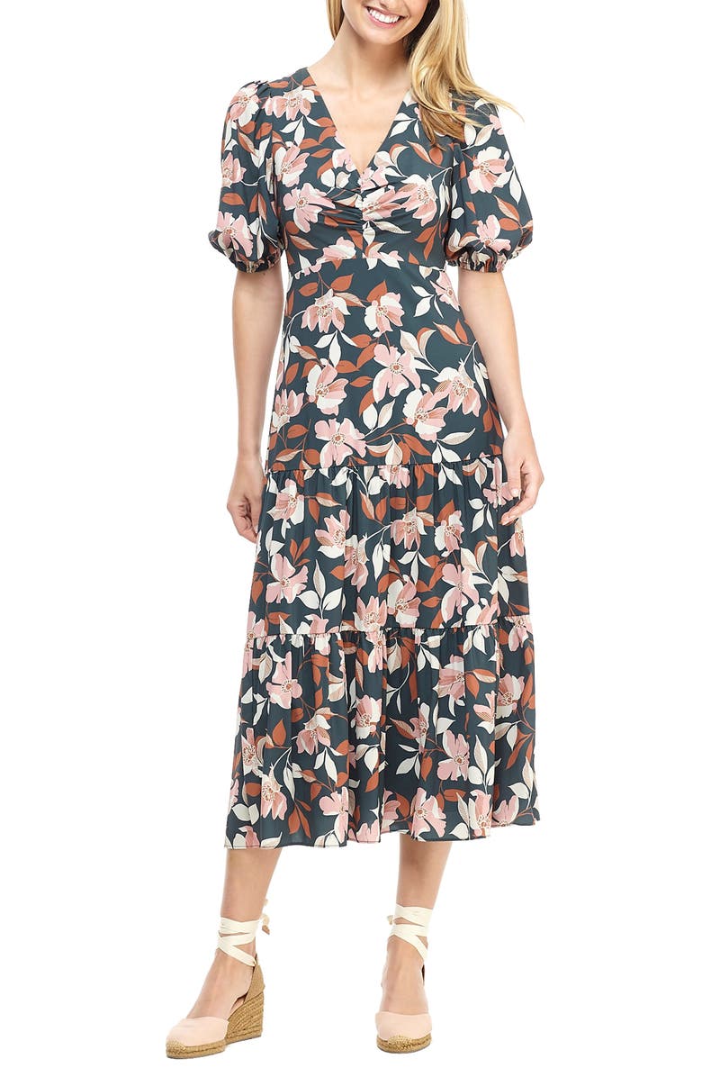Gal Meets Glam Collection Tegan Floral Print Tiered Midi Dress (Regular ...