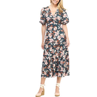 Petite Gal Meets Glam Collection Tegan Floral Print Tiered Midi Dress, Green