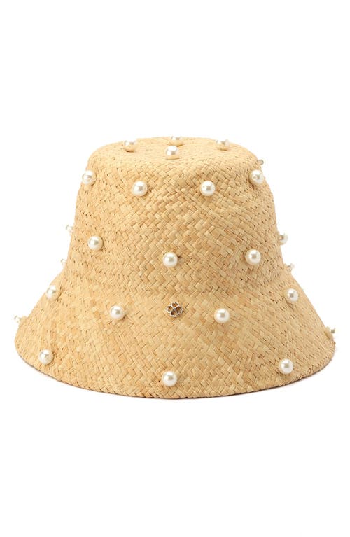 pearl embellished straw cloche in Natural