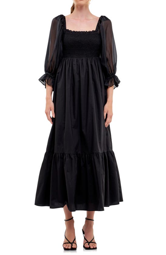 English Factory Smocked Poplin & Organza Midi Dress In Black