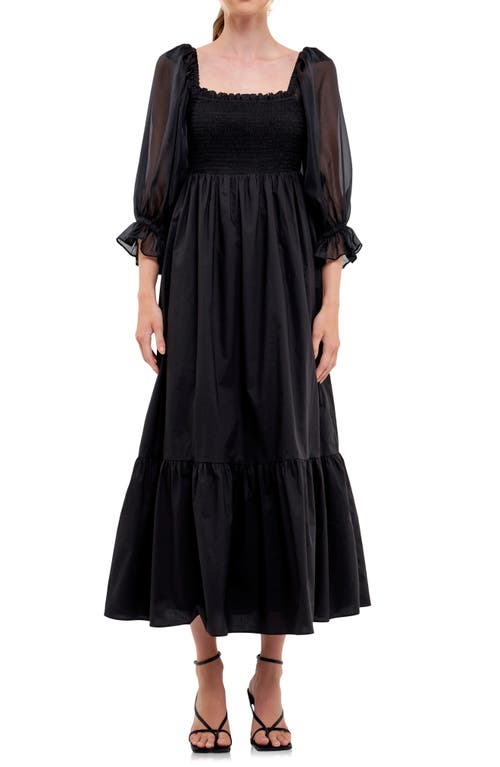 English Factory Smocked Poplin & Organza Midi Dress in Black