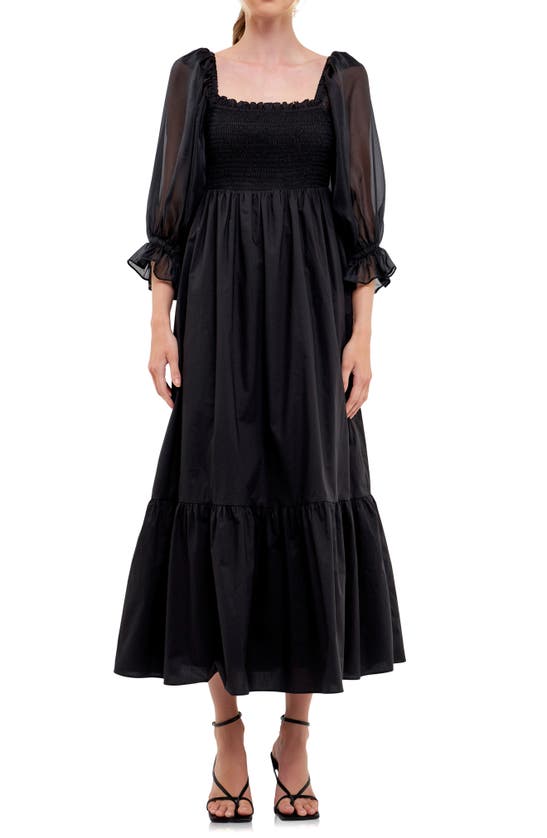ENGLISH FACTORY ENGLISH FACTORY SMOCKED POPLIN & ORGANZA MIDI DRESS