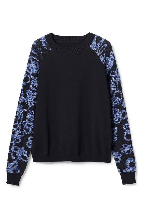 Shop Desigual Floral Sleeve Crewneck Sweater In Black