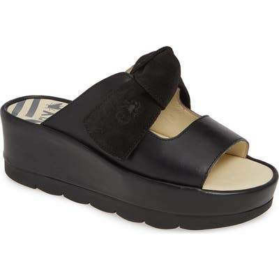 Fly London Bade Knotted Platform Slide Sandal, Black