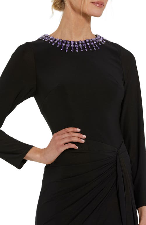 Mac Duggal Long Sleeve Jersey Ruched Gown With Beaded Neck In Black