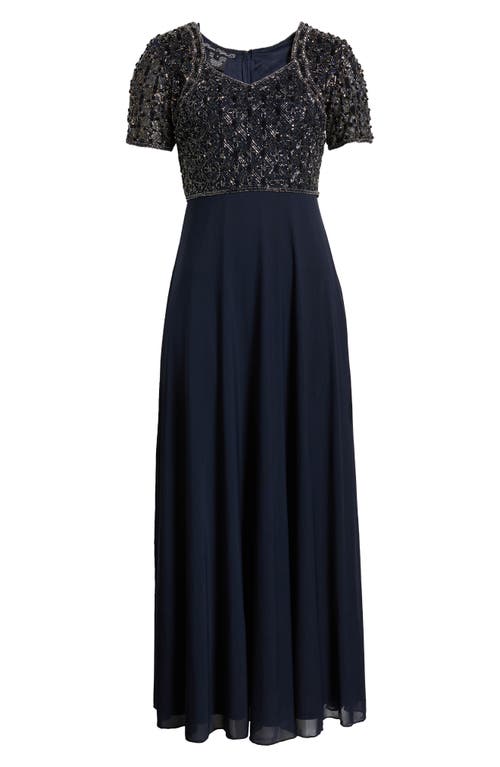 Shop Pisarro Nights Beaded Bodice Chiffon Gown In Navy