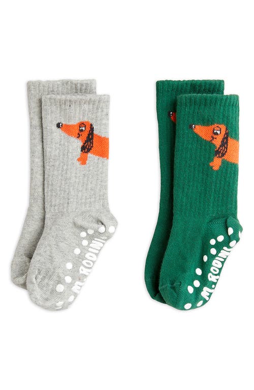 Shop Mini Rodini Kids' Assorted 2-pack Dog Antislip Organic Cotton Blend Crew Socks In Grey/green Multi