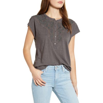 Lucky Brand Applique Yoke Henley Top, Grey