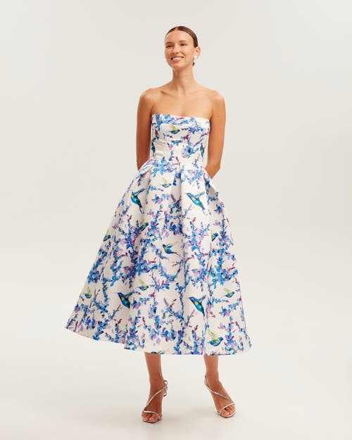 Milla Strapless Midi Dress With Bird And Flower Print, Garden Of Eden In Lavender Birds