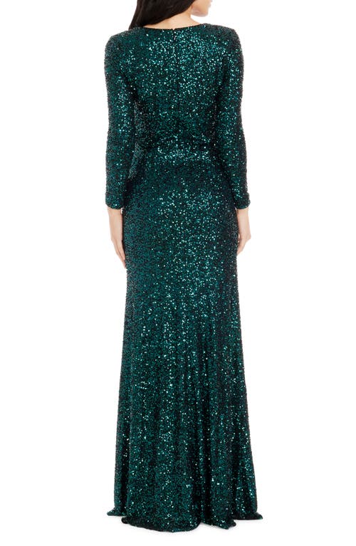 Shop Dress The Population Mischa Sequin Side Slit Long Sleeve Gown In Deep Emerald