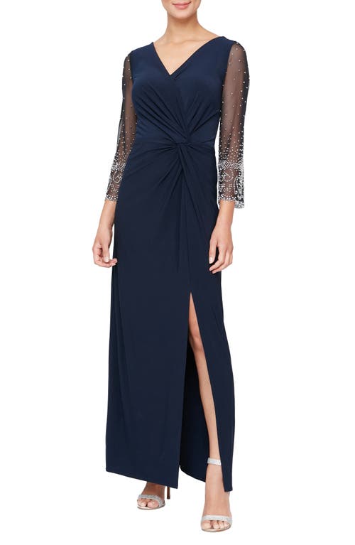 Alex Evenings Beaded Long Sleeve Gown in Dark Navy at Nordstrom, Size 6