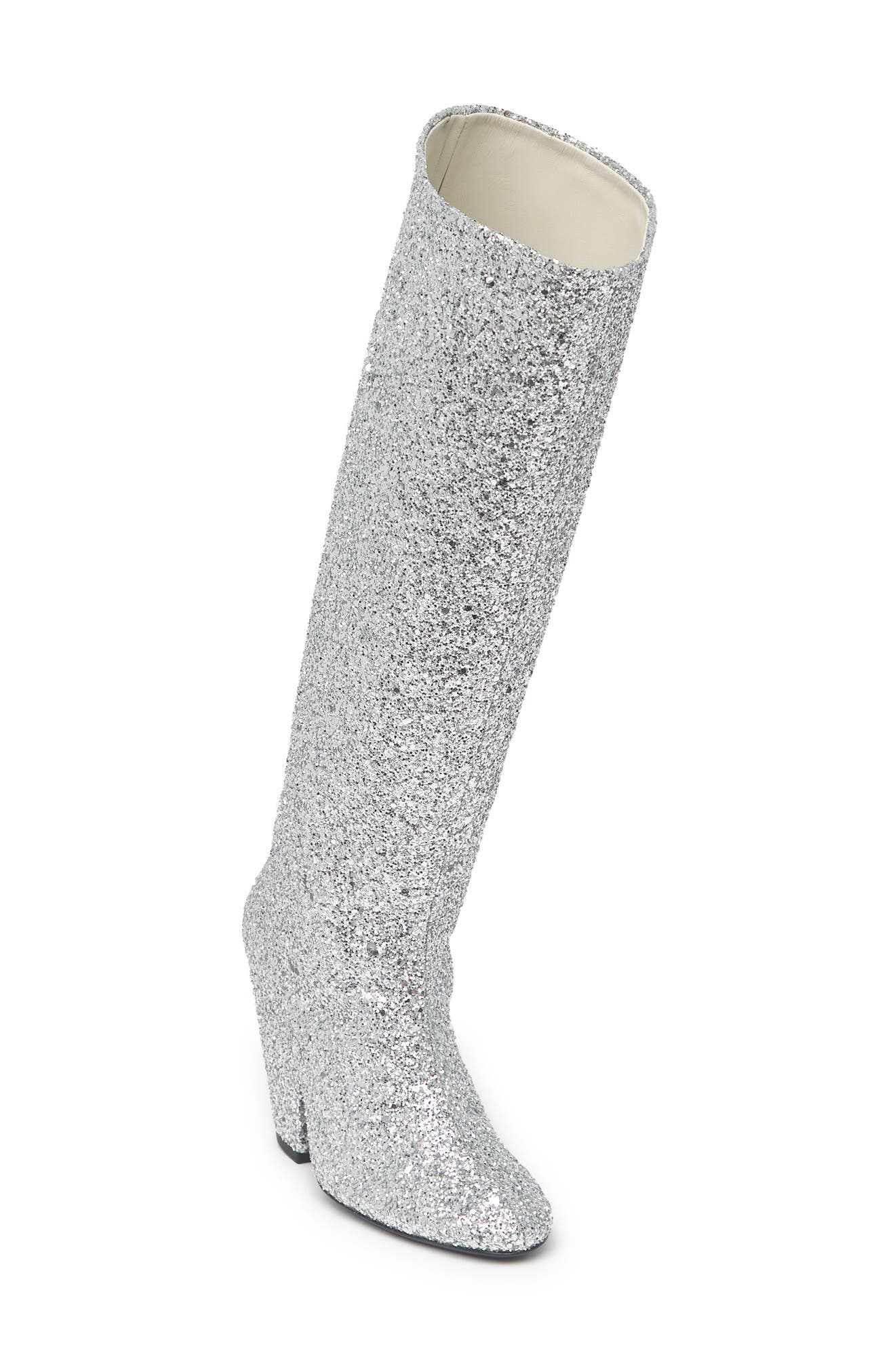 silver glitter knee high boots