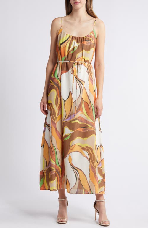 Painted Palm Tie Waist Trapeze Dress in Natural Multi