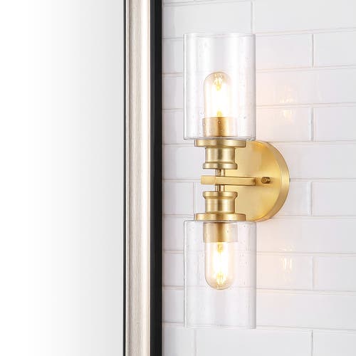 Jonathan Y Jules Cylinder 2-light Iron/seeded Glass Farmhouse Contemporary Led Wall Sconce In Brass Gold