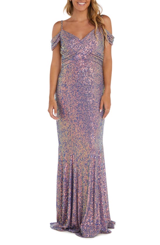 Nightway Off-the-shoulder Sequin Gown In Rose/ Lilac