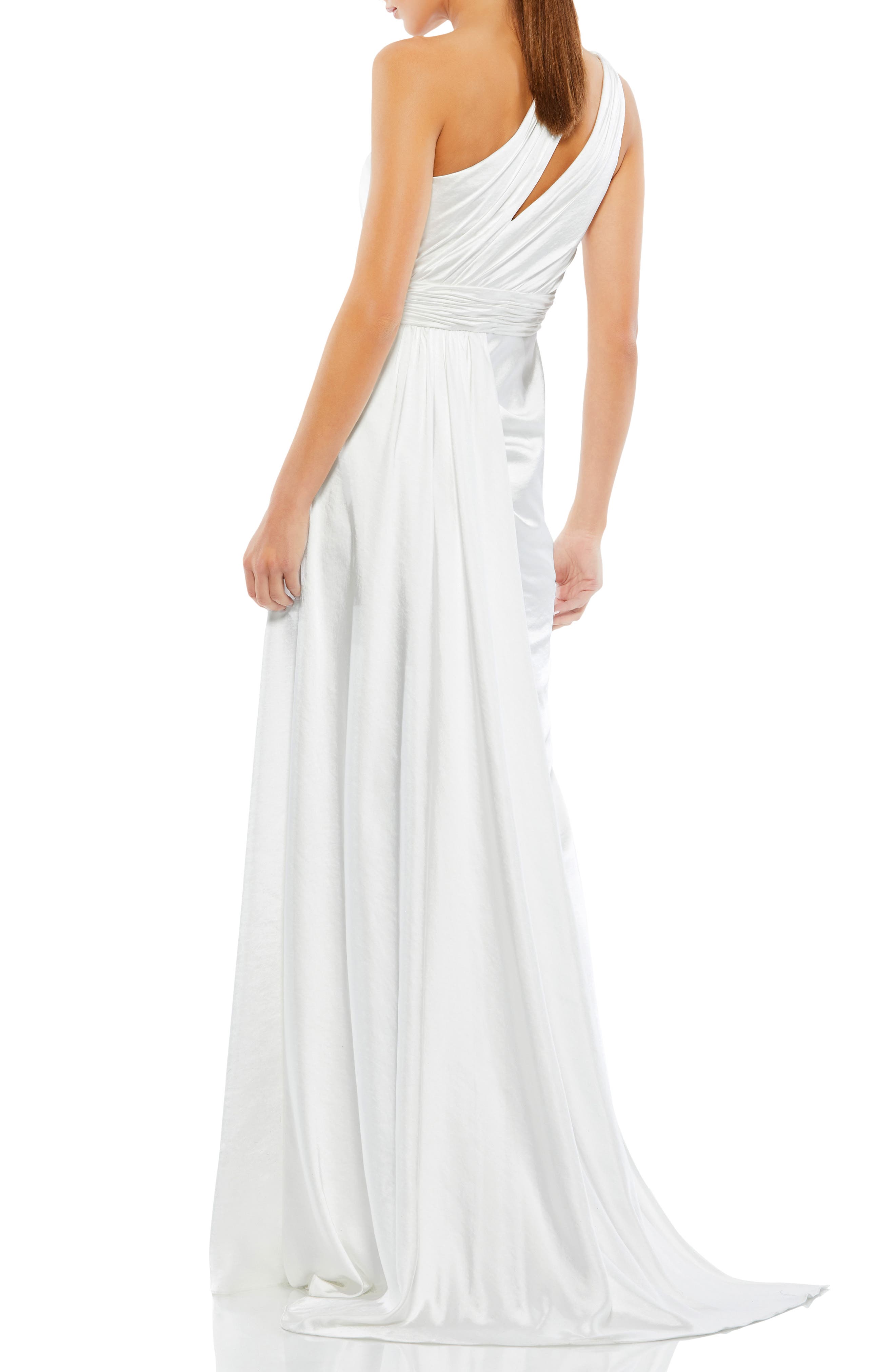 Mac Duggal One-Shoulder Faux Wrap Satin 