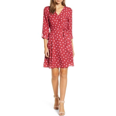 Bobeau Print Long Sleeve Roll-Tab Faux Wrap Dress, Red