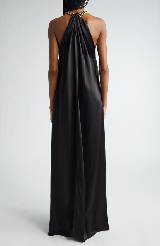 Shop Stella Mccartney Chain Crossover Halter Satin Gown In Black