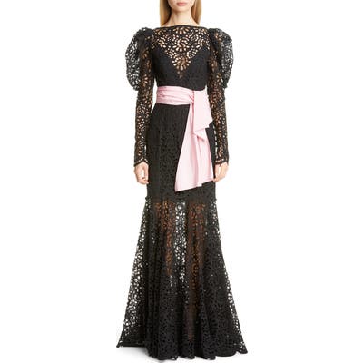 Carolina Herrera Puff Sleeve Lace Gown, Black