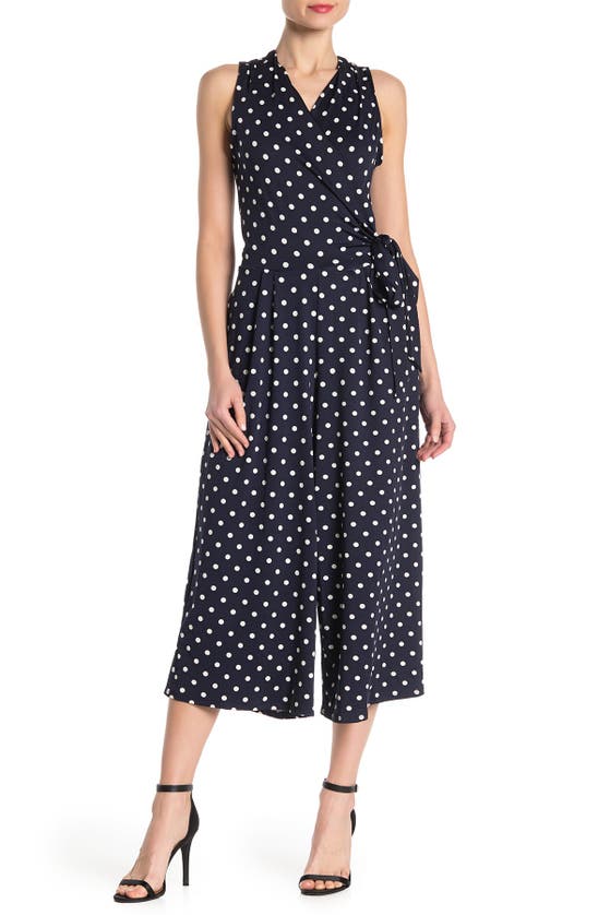 Nina Leonard Surplice Culotte Crop Jumpsuit In Navy Ivory ( Timeless Dot)