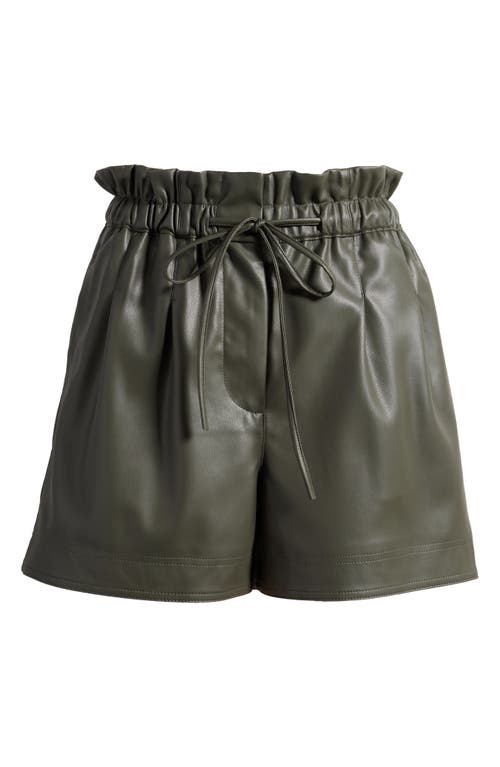 Shop Topshop Paperbag Waist Drawstring Faux Leather Shorts In Dark Olive