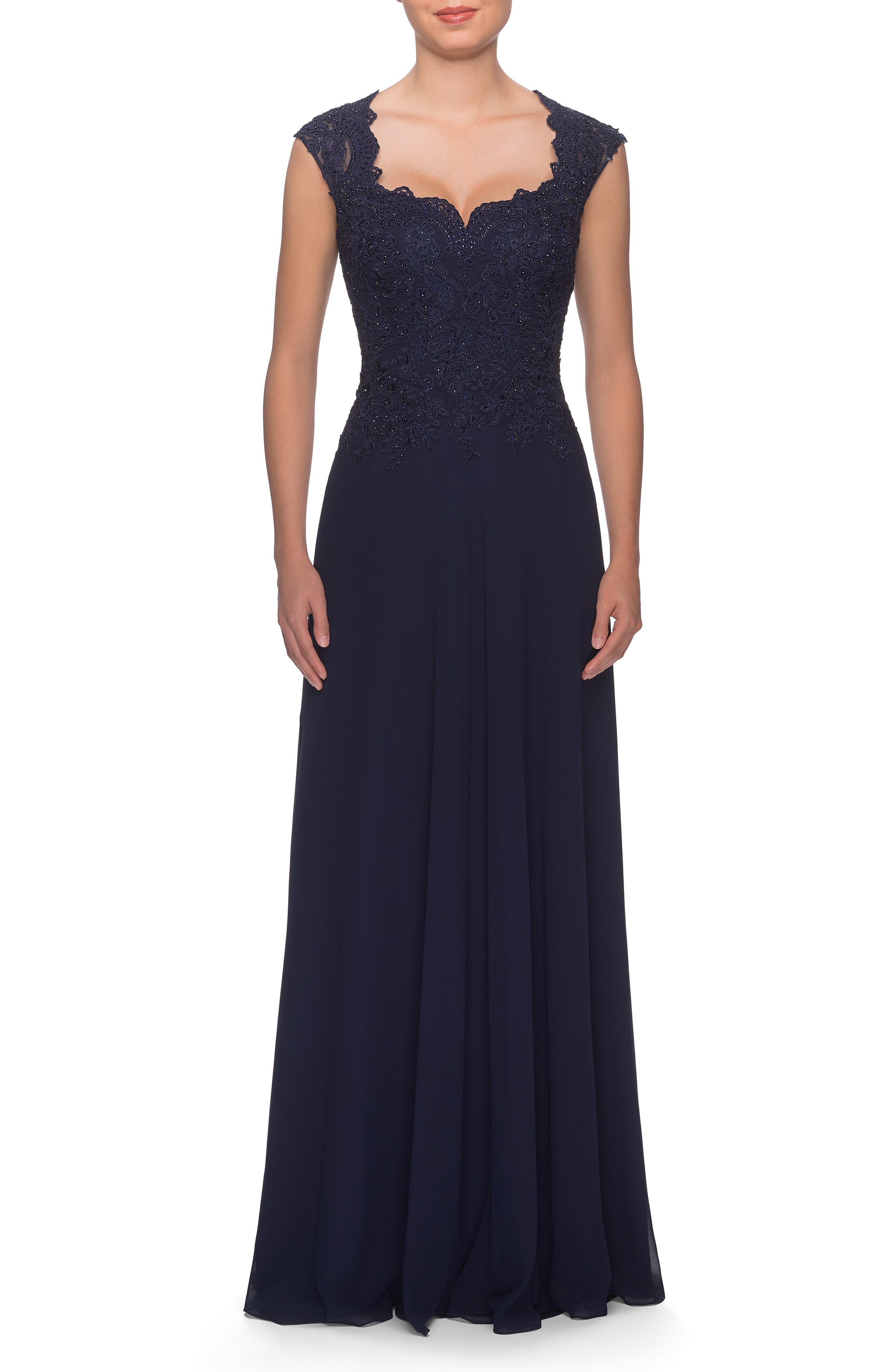 La Femme Embellished Cap Sleeve Gown, Blue