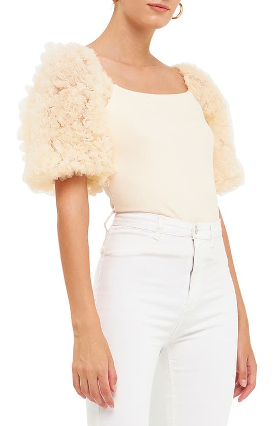 Shop Endless Rose Tulle Puff Sleeve Blouse In Ivory