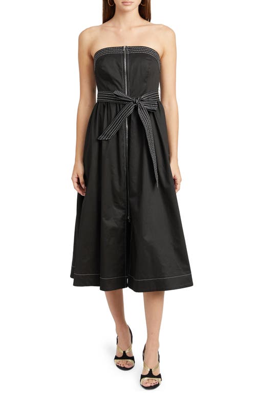 En Saison Rhea Topstitch Detail Strapless Cotton Midi Dress Black at Nordstrom,